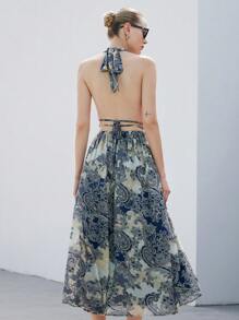 SHEIN Privé Chiffon Cashew Floral Print Cross Halter Hollow Out Maxi Summer Dress - Multicolor - View 2