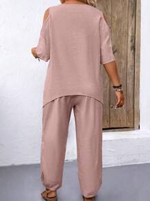 2 pièces Femmes grande taille Ensemble casual ample de Top à épaules dénudées à manches courtes et pantalon de couleur unie
