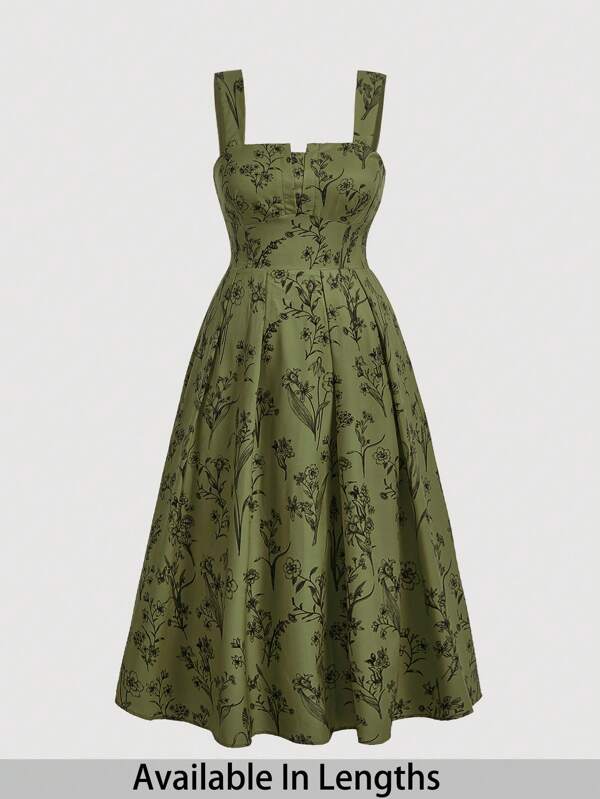 SHEIN PETITE CURVE Plus Size Women Green Base Black Vintage Print Sleeveless Maxi Dress,Corset Dress Summer Dresses For Women  Country Concert Outfit For People Of Shorter Stature Y2k Dress