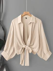 SHEIN LUNE Plus Size Women's Knit Tie Cuff Long Sleeve Shirt, Old Money,Summer For Women, 90s, Spring Break, Ibiza Fit, Beach Woman/Beach Boho Rave Festival Fall - Apricot - View 5