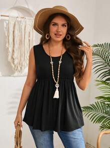 EMERY ROSE 2pcs Atasan Tank Top Wanita Ukuran Plus Musim Panas Kasual Elegan Hitam & Putih, Leher Bulat Warna Polos untuk Liburan, Gaya Pedesaan Boho - Hitam dan Putih - View 7