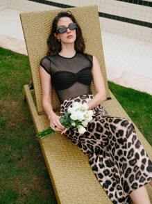 Uhlyne 女士缎面豹纹收腰 A 字裙，休闲优雅 - 彩色 - 查看 5