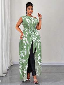 Maweii 大码女式无袖单肩不对称下摆系带性感衬衫 - 綠色 - 查看 6