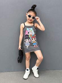 Young Girl Striped Knit Cute Girl Print Camisole Dress
