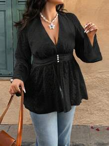 Calvaya Plus Size Elegant V-Neck Floral Embroidered Flared Sleeve Blouse - Black - View 5