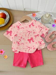 SHEIN Cute Sweet Bow Heart Star Print Pink Baby Girl Casual Round Neck Short Sleeve T-Shirt & Leggings 2 Pieces Set, Suitable For Spring/Summer - Multicolor - View 2