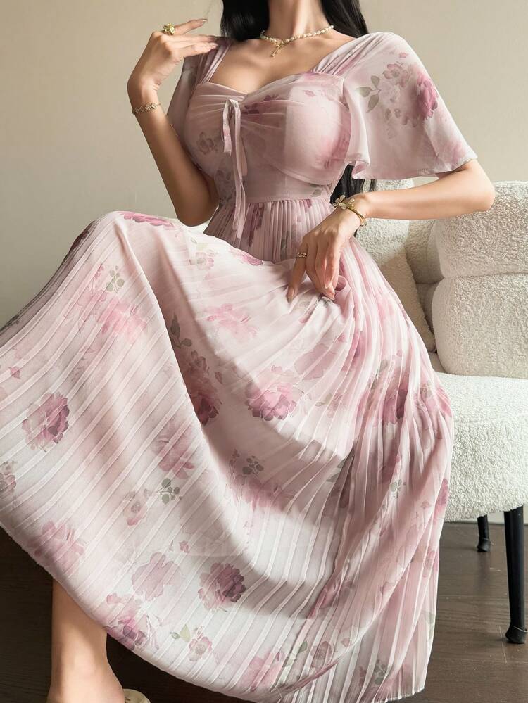 All-Over Floral Print Square Neck Ruffle Sleeve Pleated Midi Dress For Women Cocktail Dress