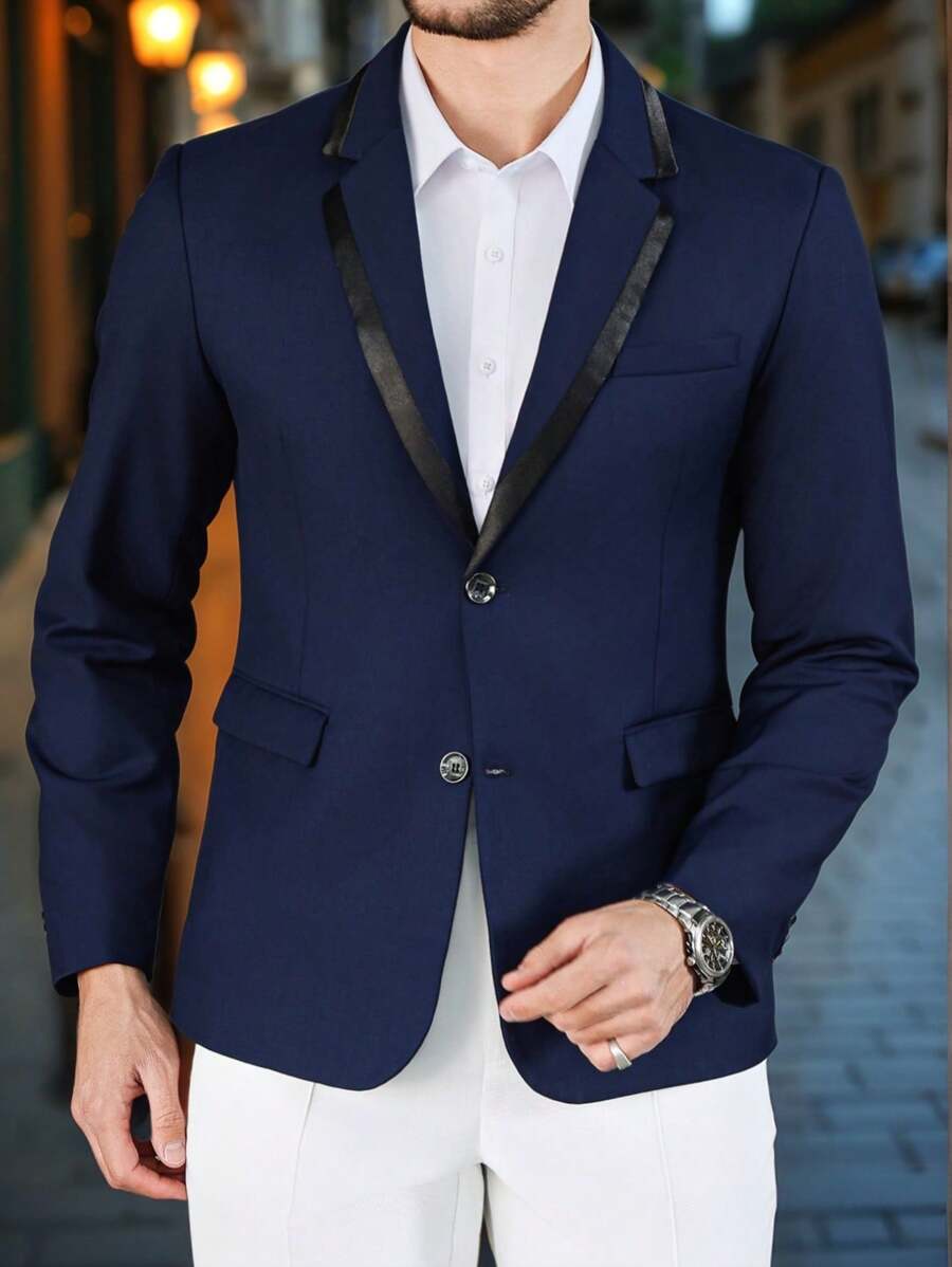 Manfinity Bizformal 男士休闲/商务撞色翻领西装外套 - 藏蓝色 - 查看 1