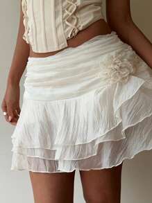 Siren Gaze 女士新款浪漫优雅约会派对纯色雪纺 3D 花朵褶皱多层荷叶边下摆低腰裙比基尼罩衫裙荷叶边裙，婚礼宾客裙女士 - 米色 - 查看 3