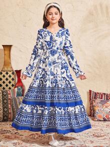 SHEIN Đầm dài tay cổ chữ V giản dị rộng rãi cho bé gái tuổi teen có nút trang trí - Màu xanh lam - Xem 6