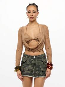 SUMWON WOMEN Mesh Long Sleeve Cowl Neck Crop Top With Built-In Bralette, Draped Party Club Dance Top With Inner Support - Khaki - View 1
