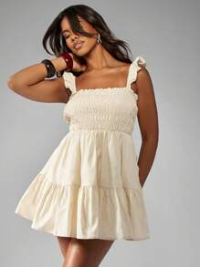 MISSGUIDED Shirred Bodice Summer Mini Dress With Ruffle Straps And Tiered Skirt Perfect For Beach Vacation Resort Wear Garden Party Cotton Poplin Sundress,Graduation Dresses - Apricot - View 1