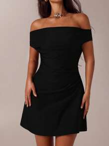 SHEIN Forever 21 Spring&Summer Women Romantic/Prom/Formal/Birthday/90s Clothes/Business Casual Woman/Elegant/Western Wear/Going Out/Fashion/Casual/Y2k Clothes/Club/Office /Cocktail/Vintage/Bodycon/Rave Outfits Festival/Funny/Classy/Old Money/Streetwear/Vacation Outfits/Country Concert Outfit/Work Clothes /Modest/Spring Break/Bachelorette Outfits/Concert/Baddie/Basic/Graduationoff Shoulder/Black Mini Dress - Black - View 8