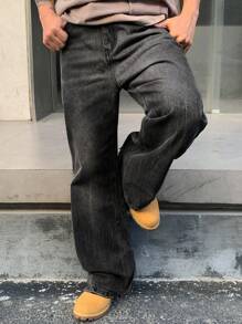 DAZY Men's Washed Striped Flare Leg Denim Jeans, Autumn/Spring - Black - View 3