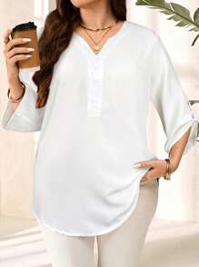 EMERY ROSE Plus Size Women's Purple Red 3/4 Sleeve Shirt, Early Spring - White - View 4