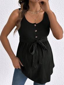 SHEIN Maternity Casual Solid Color Front Button Top, Summer - Black - View 2