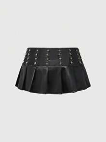 ROMWE Avant Váy mini Kpop cạp thấp xếp ly trang trí đinh tán Punk dành cho nữ, phong cách lễ hội âm nhạc - màu đen - Xem 8
