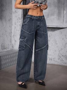 TrendSteals Women's Casual Dusty Blue Extra Long Denim Jeans With Zipper Details - Dusty Blue - View 1