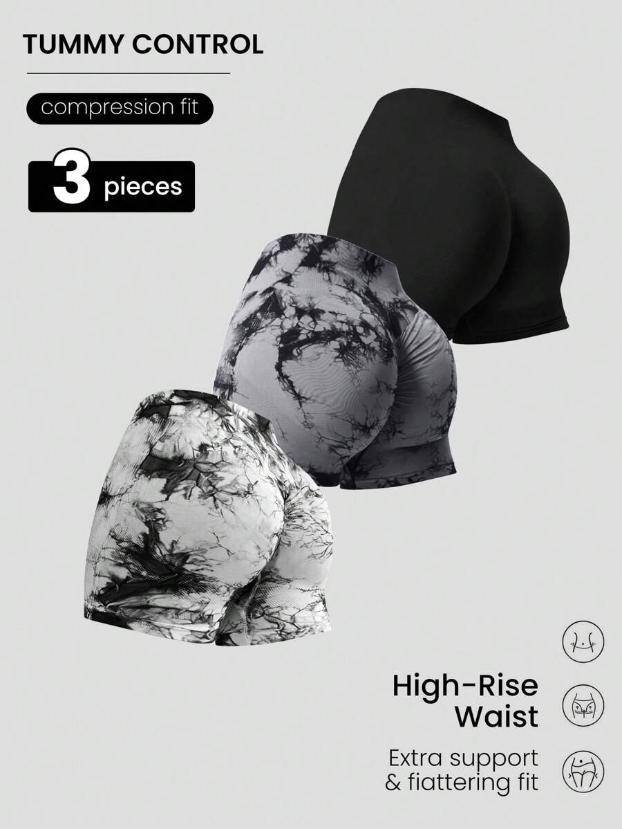 Easithlete 高腰无缝扎染纯色运动短裤骑行短裤 - 彩色 - 查看 1