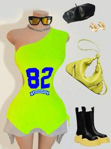 BamGleam Damen Asymmetrischer Ausschnitt Figurbetontes Kleid mit asymmetrischem Saum, modisches bedrucktes Kleid, Strandoutfit