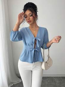 Elenzga Camisa elegante con mangas de farol atada al frente y en la cintura - Azul - Ver 6