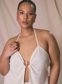 MUSERA Top court texturé à encolure montante avec détail d'anneau et fente sur l'ourlet, pour les vacances, élégant, grande taille - Crème - Voir 4