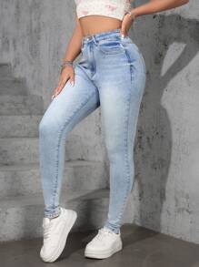 SHEIN Essnce Blugi skinny cu talie înaltă, spălați ocazional - Albastru - Vizualizare 4