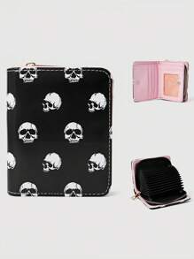 ROMWE Grunge Punk Goth Punk Skull Full Print Multi-Function Zipper Card Case With Bifold Wallet Compartment - Black - View 1