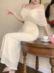 DAZY Women's Solid Color Ruffle Cape Design Mermaid Style Midi Elegant Dress - Apricot - View 5