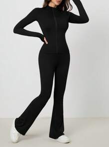 SHEIN Tall 2pcs/Set Women Solid Color Zip Up Long Sleeve Top And Wide Leg Long Pants,Summer Sets - Black - View 7