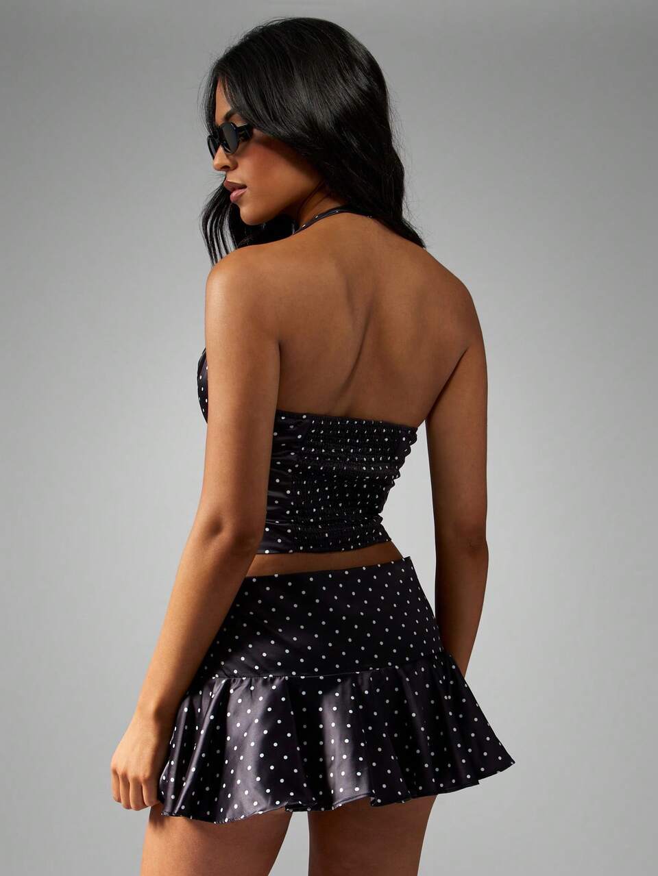 MISSGUIDED Polka Dot Satin Two-Piece Set Halter Crop Top Mini Skirt Co-Ord Set Party Club Night Out Summer Festival Outfit