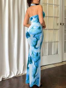 Firerie 2pcs/Set Women Turtleneck Backless Top And Long Fishtail Skirt Set - Blue - View 2