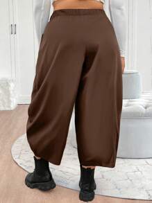 Elenzga Plus Size Casual Solid Color Elastic Waist Loose Harem Pants - Coffee Brown - View 2