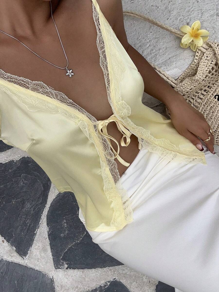 SHEIN Unity 女士纯色前系带吊带背心 - 黃色 - 查看 1