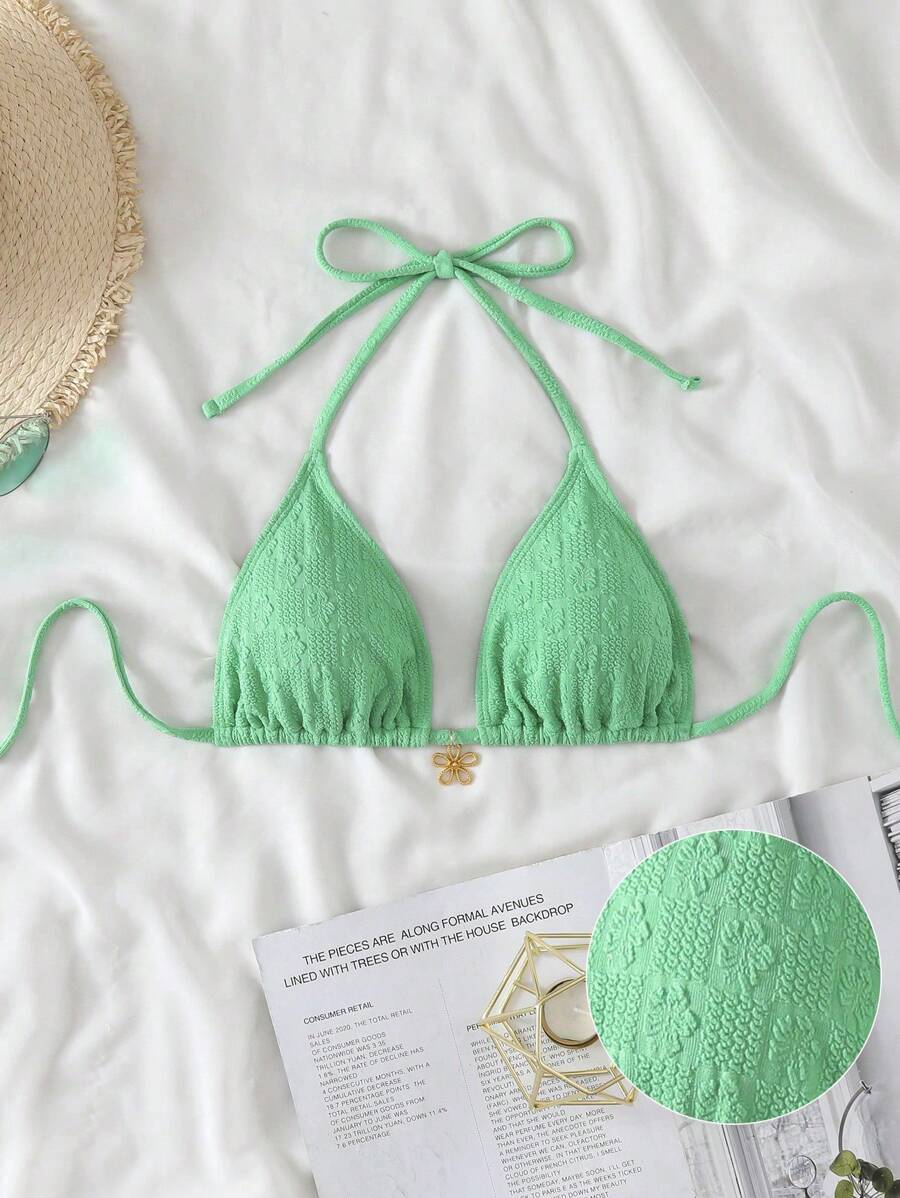 Swim Mod Beach Summer For Women, Textured Fabric Solid Color Women's Halter Triangle Bikini Top - Green - View 1