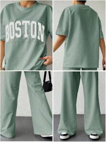 女士字母印花落肩T恤和裤子休闲宽松两件套 - 綠色 - 查看 6