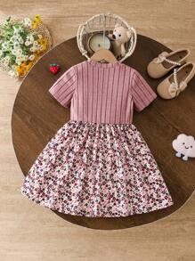 Young Girl Casual Ditsy Floral Ribbed Long Sleeve Dress - Dusty Pink - View 2