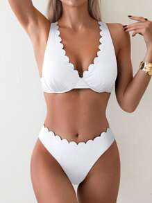 SHEIN Swim Women Beach Outfits Solid Color Deep V Sexy Burnout Crafted Steel Wire White Bikini Swimsuits Set For Summer Beach Vacation - White - View 1