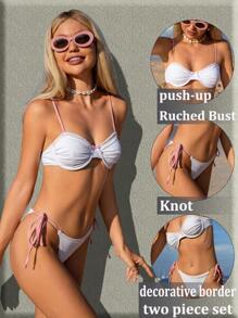 SHEIN Swim بيكيني أبيض قطعتين للنساء مجموعة ذات علوي بانديو وسراويل ربطة بالجانب، ملابس شاطئ بيكيني جميلة - متعدد الألوان - مشاهدة 1
