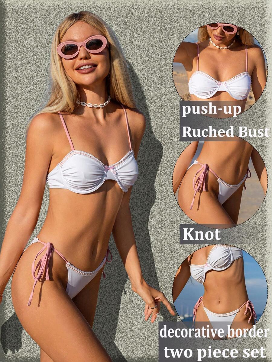 SHEIN Swim بيكيني أبيض قطعتين للنساء مجموعة ذات علوي بانديو وسراويل ربطة بالجانب، ملابس شاطئ بيكيني جميلة - متعدد الألوان - مشاهدة 1