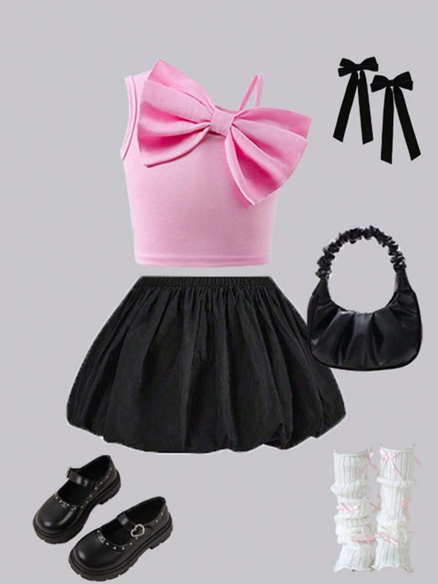 Young Girl Versatile Bowknot Strap Tank Top, Pink Design - Pink - View 1