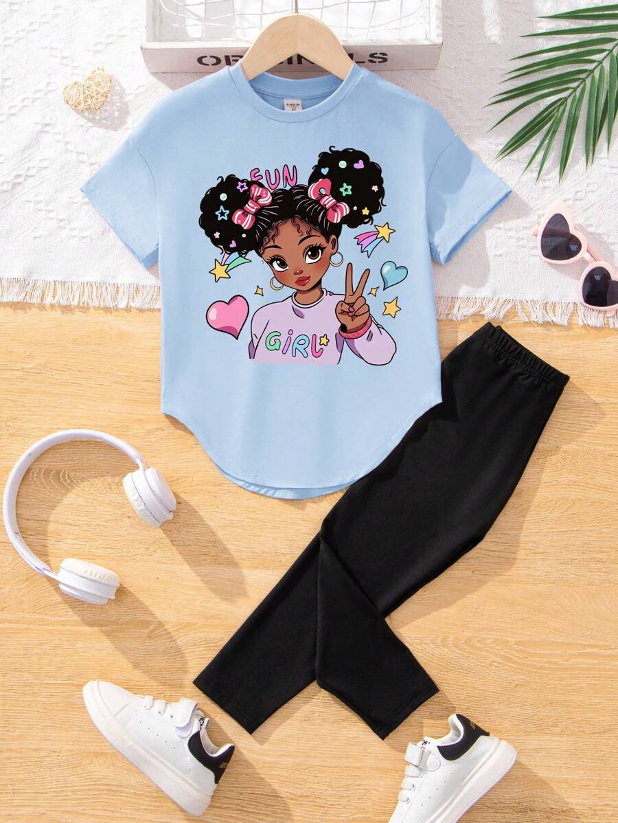 SHEIN Leap Crew 2pcs/Set Girls Casual Minimalist Short Sleeve Top And Pants Set, Suitable For Spring And Autumn - Multicolor - View 1