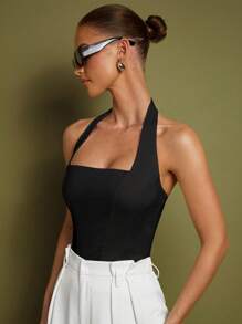 COSMINA Parte superior de halter blanca para mujer, elegante para ocasiones formales, uso diario en la oficina, estilo de influencer, coqueta, estilo de dinero antiguo, atuendos de verano