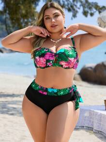 Swim Lushoire Plus Size Women 2pcs/Set Random Tropical Plant Print Asymmetrical Ruffle Top & High Waist Triangle Bikini Set, Simple Vacation & Daily Swimsuit
