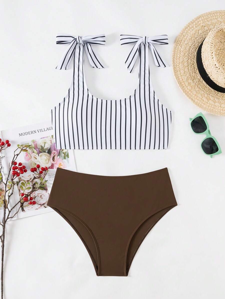 SHEIN Swim Bộ đồ bơi bikini hai mảnh thắt nút sọc đi biển mùa hè cho nữ (Họa tiết ngẫu nhiên) - Nhiều màu - Xem 1