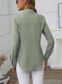 EMERY ROSE Casual Solid Color Long Sleeve Shirt, Suitable For Commuting Fall Cloth For Women - Green - View 2