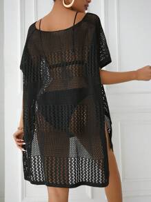Swim Basics Solid V-Neck Sheer Coverup Summer Dress - Black - View 2