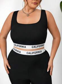 SHEIN CURVE+ Women's Plus Size Black Knitted Sporty Crop Top And Skinny Leggings Two Pieces Set