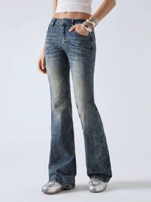 LYSMO Pantaloni denim pentru femei de vară, stil blugi evazați - Albastru - Vizualizare 3