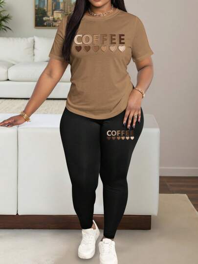 Maweii Plus Size Casual 2pcs Set - Women Tight-Fit Coffee Letter & Heart Print Short Sleeve Round Neck T-Shirt And Skinny Pants